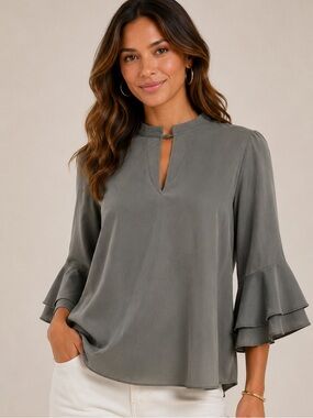Everly Gray Keyhole Mock Neck Bell Sleeve Blouse